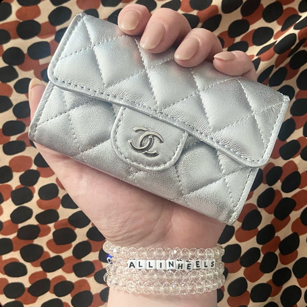 Chanel Metallic Silver Lambskin Card Wallet